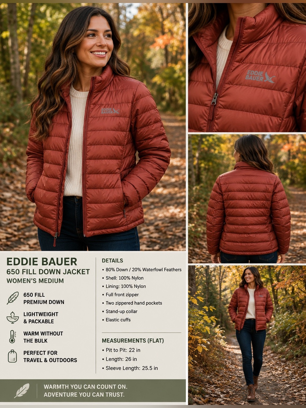 Eddie Bauer 650 Fill Down Puffer Jacket Women’s Medium Rust Orange Lightweight P
